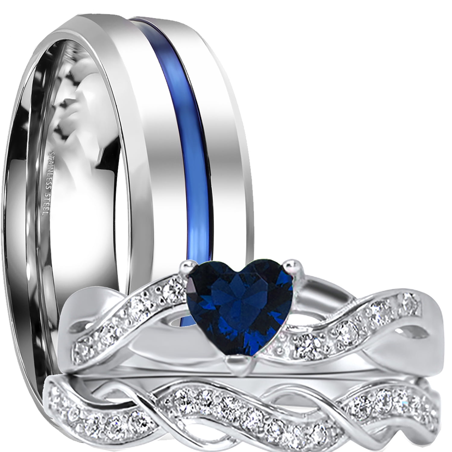 LaRaso \u0026 Co His Her Blue Wedding Rings TRIO 3 Piece Wedding Ring Set Men Women 5/9